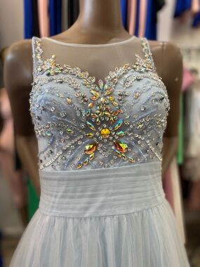 Iridescent Crystal Embellished Light Blue Tulle Gown